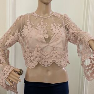 Elegant Zip Back Pink Lace Top over Solid Ajustable Strap Camie Women's Sz L
